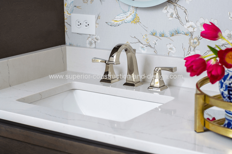 master bathroom sink delta nickel faucet chinese wallpaper crane flowers cambria quartz counters