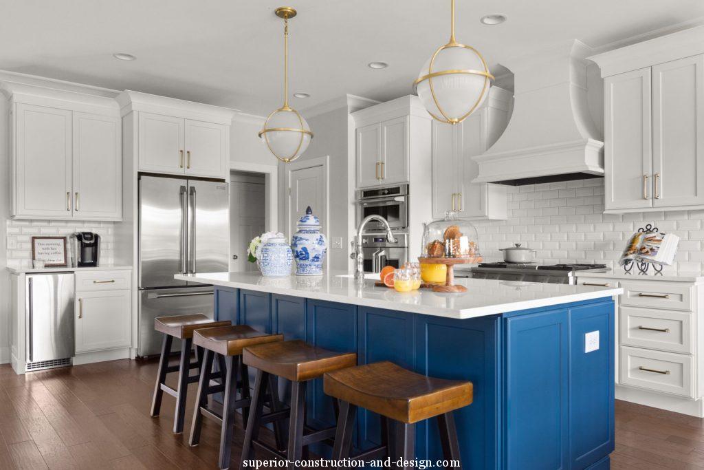 interior design new build lake home tour kitchen design cobalt blue island elegant pendants white kitchen