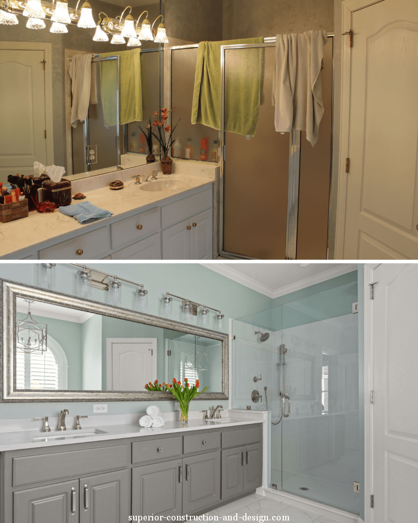 fresh modern traditional bathroom grey vanity blue-green walls silver mirror modern lighting walk-in shower