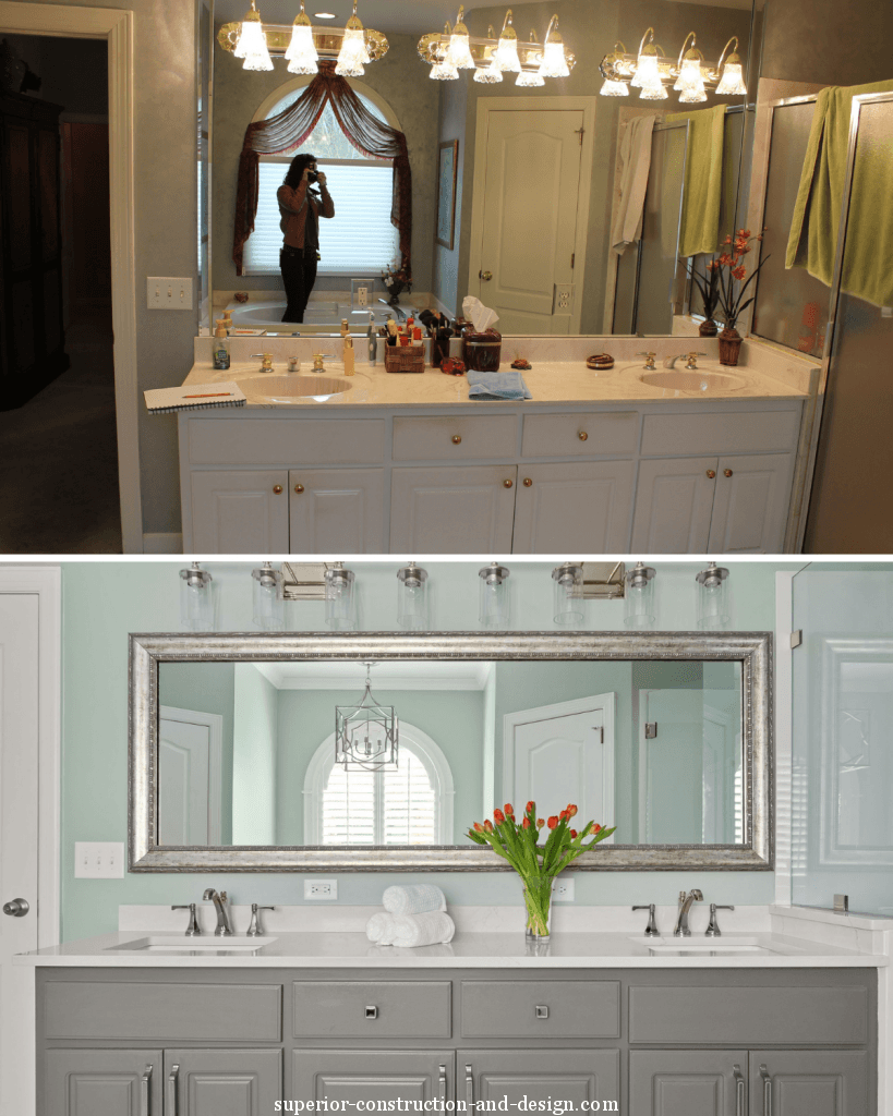modern traditional vanity grey green walls nickel framed mirror red tulips superior construction and design mt juliet tn