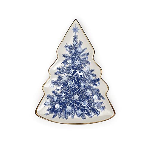 Two's Company Blue and White Christmas Tree Plate