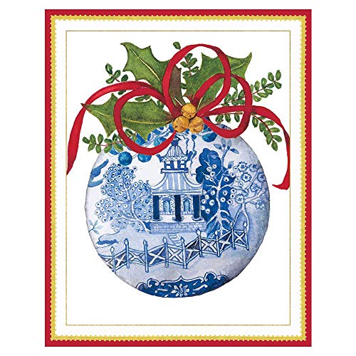 Caspari Blue & White Ornament Mini Boxed Christmas Cards - 16 Cards & Envelopes
