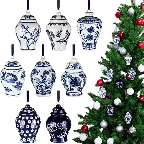 8 Pieces Mini Ginger Jar Ornaments Porcelain Hanging Ornaments Vintage Chinoiserie Decor Porcelain Christmas Ornaments Blue and White Ginger Jar Ornaments Christmas Hanging Pendant for Christmas Tree