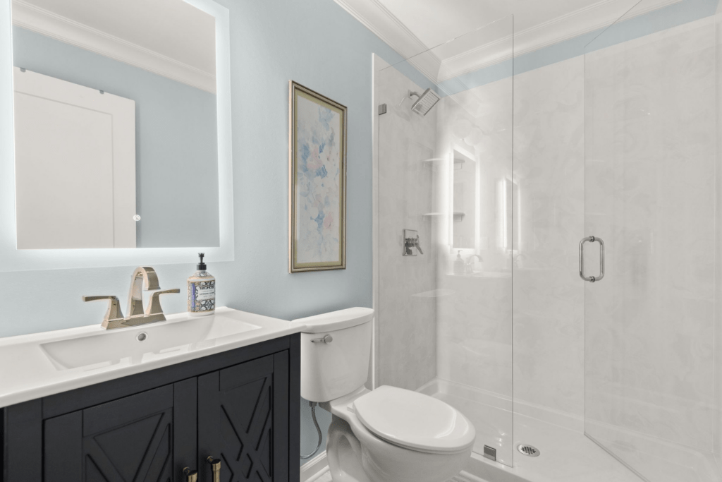 guest bathroom custom vanity blue walls shower wilson county tn