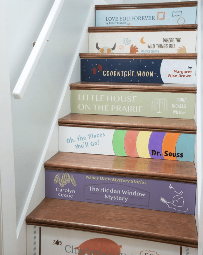 stair risers painted showing titles of favorite children's books goodnight moon creative staircase ideas